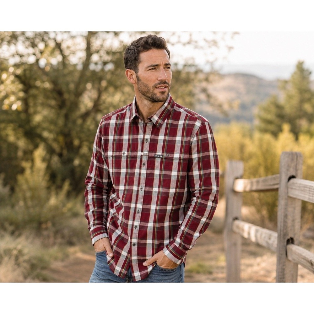 Wrangler ATG Men's Plaid Outdoor Shirt Red Gray Stretch Long Sleeve L